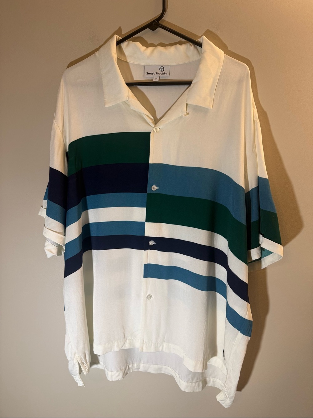 Sergio Tacchini White Short-Sleeve Button Shirt with Green and Blue Stripes 2XL